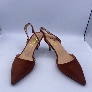 FSJ brown pointy toe slingback low heels kitten shoes pumps